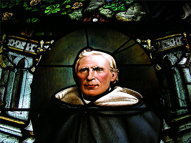 A detail of a stained glass window in St. Rose