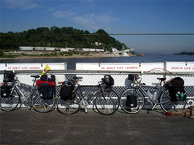 The bikes on the ferry on the Mississippi