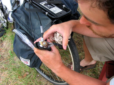 Mickey trying to repair Steve’s bike