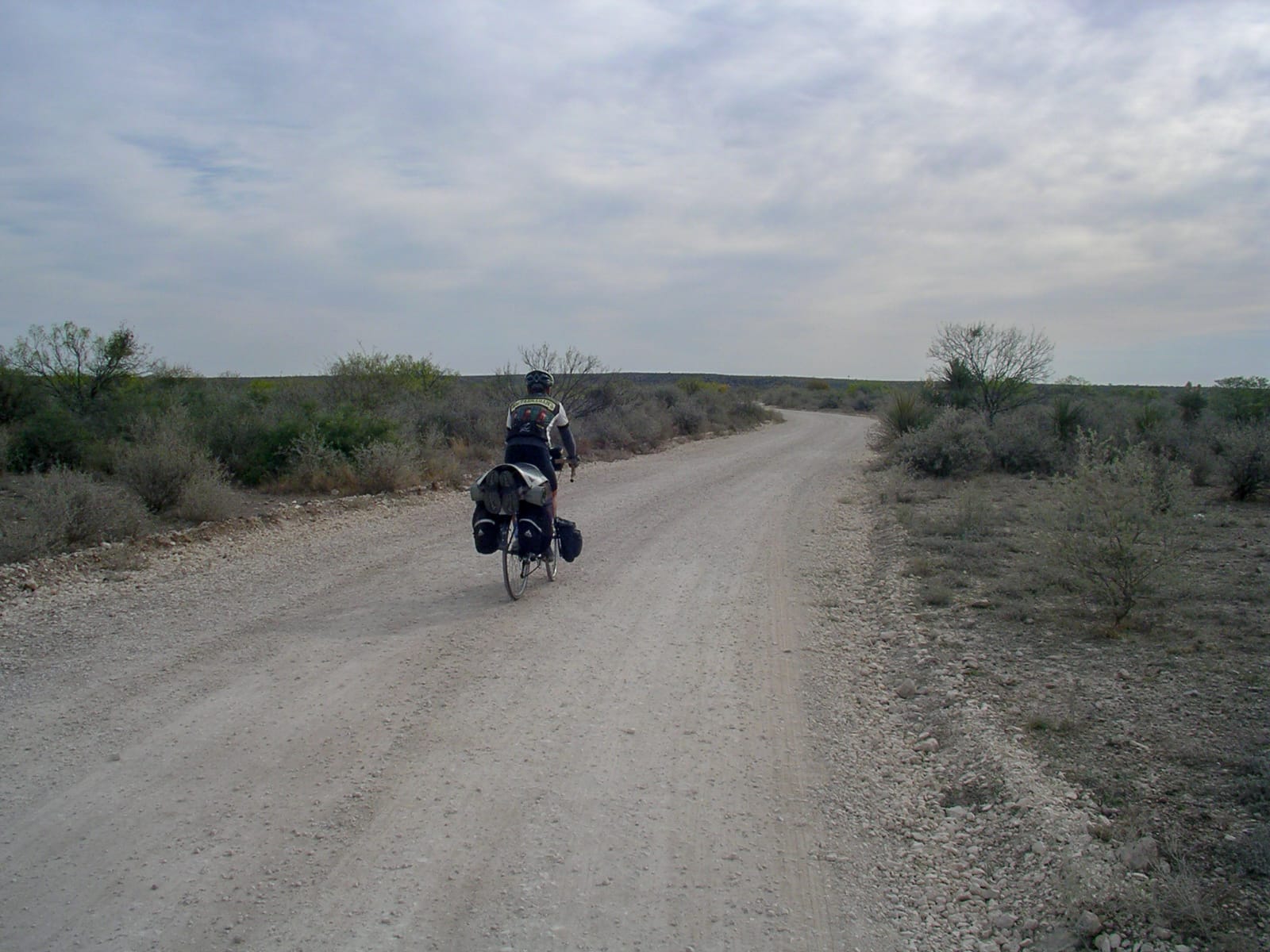 Mickey leaving a gravelly campground road