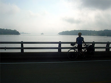 Mickey on a bridge over Lake Anna